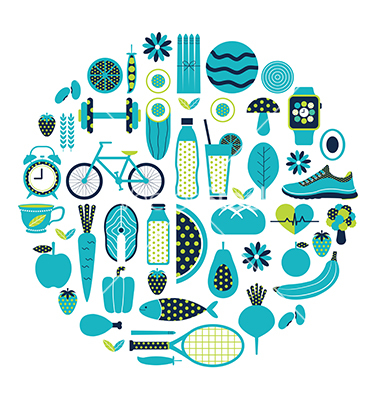 Healthy lifestyle icon set in blue and green colours theme